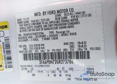 2016 Ford Fusion Se из США, поврежденный, VIN 3FA6P0H72GR273786